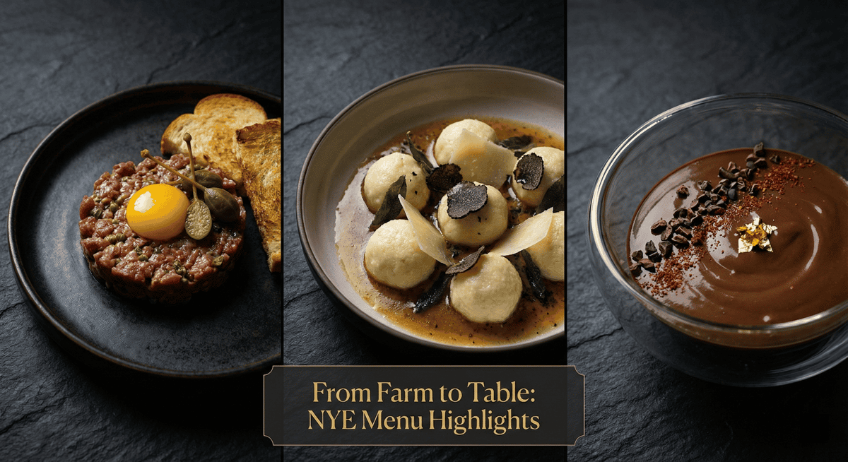 Artistic presentation of Stubborn Seed's signature New Year's Eve dishes including Wagyu Tartare and winter truffle gnudi.