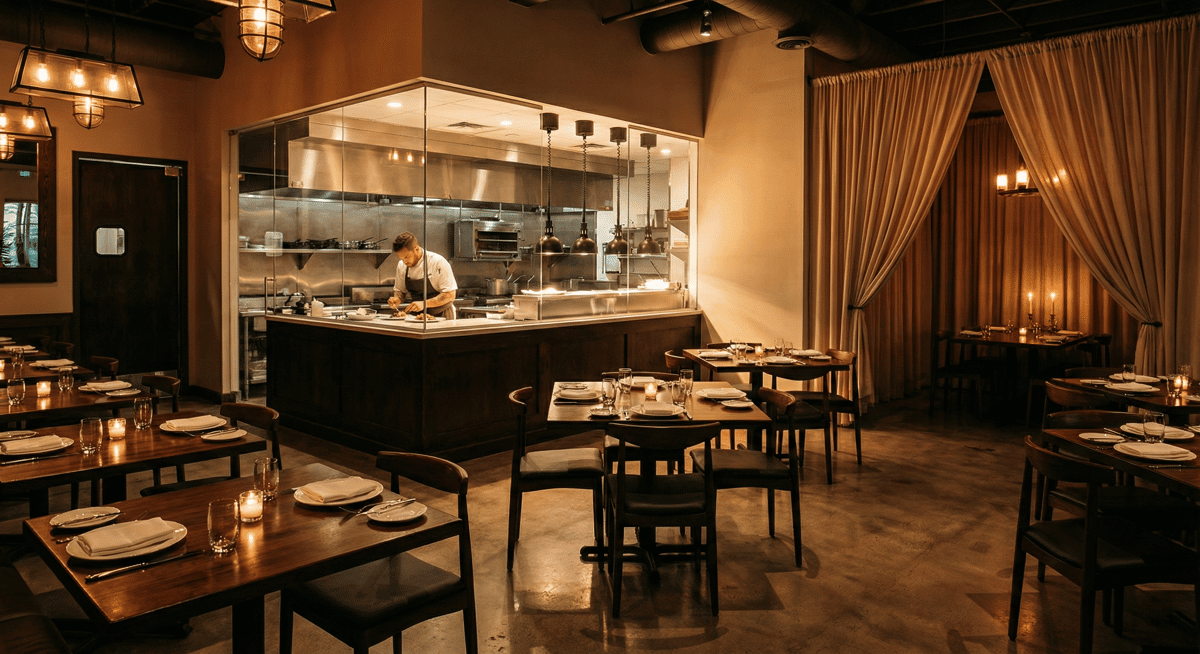Interior of Stubborn Seed showing open kitchen and romantic industrial-chic dining setting