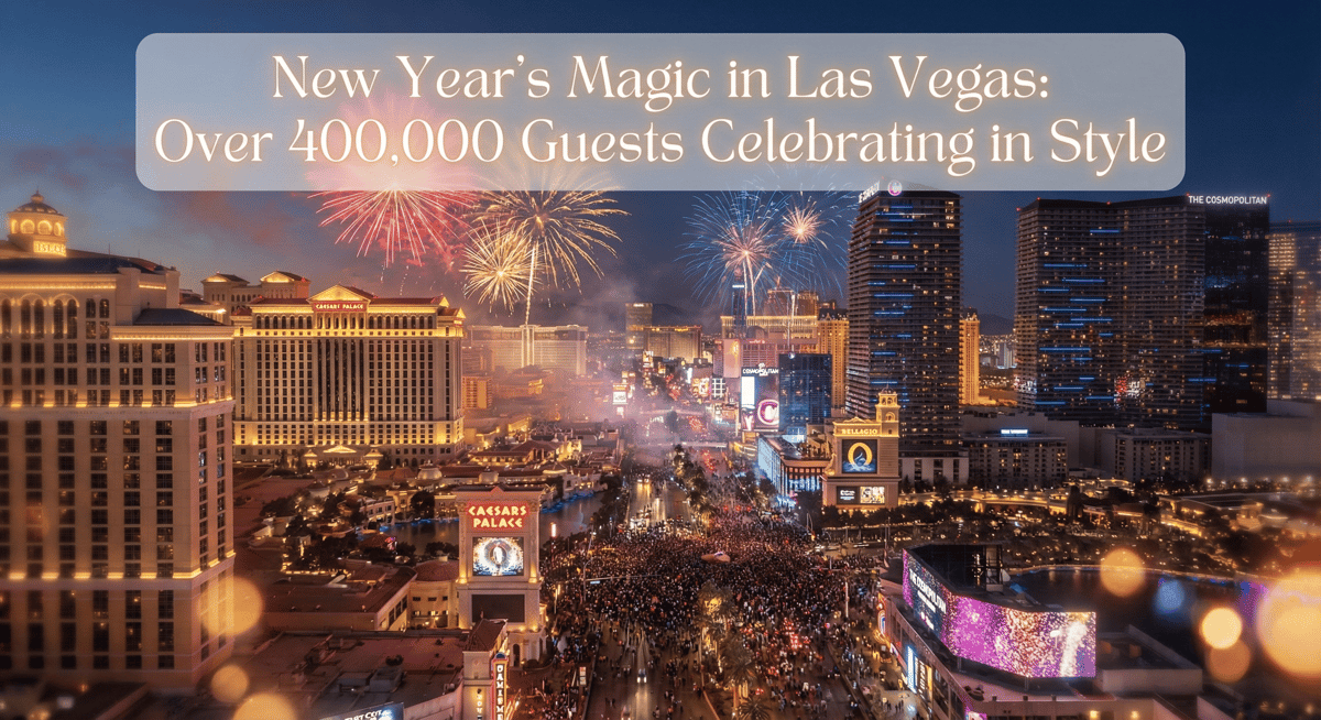Las Vegas Strip at night with New Year's Eve crowds and fireworks lighting up the sky.