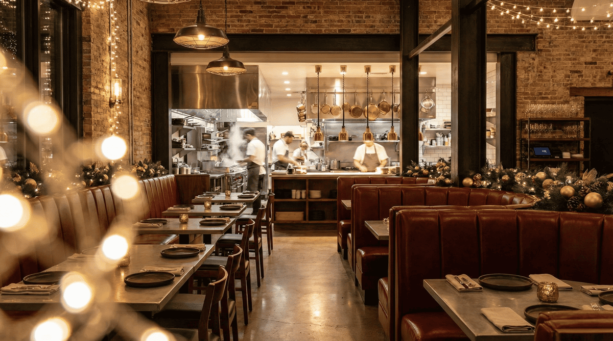 Elegant Christmas-season dining atmosphere at Stubborn Seed in Las Vegas featuring warm lighting and festive decor.