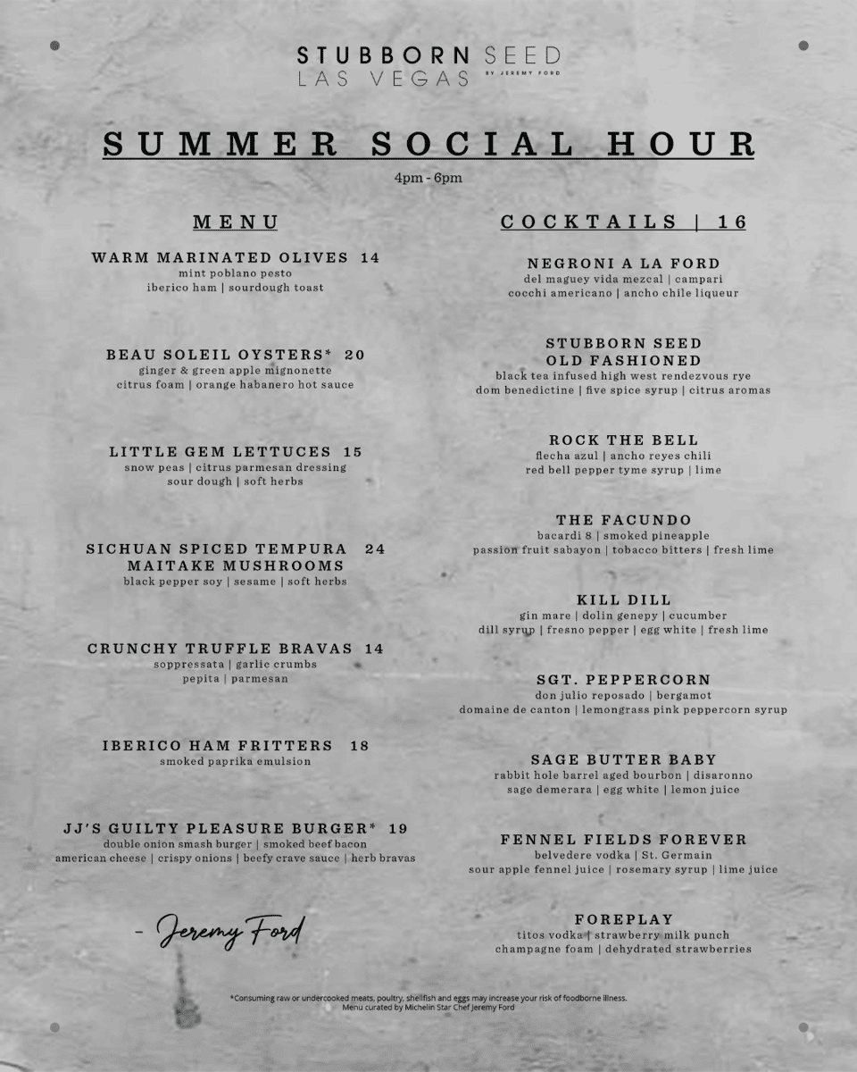 Stubborn Seed Las Vegas Summer Social Hour menu featuring food and cocktail selections from 4 p.m. to 6 p.m.