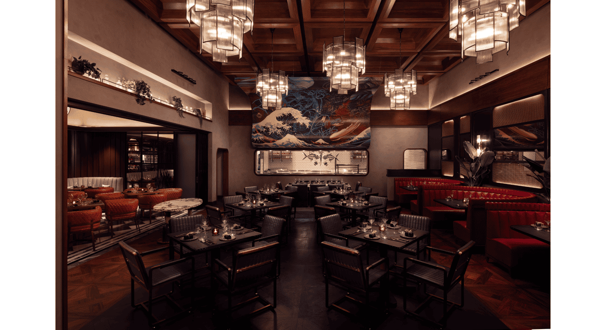 Elegant fine dining restaurant interior with chandeliers, leather booths, and artistic wall mural