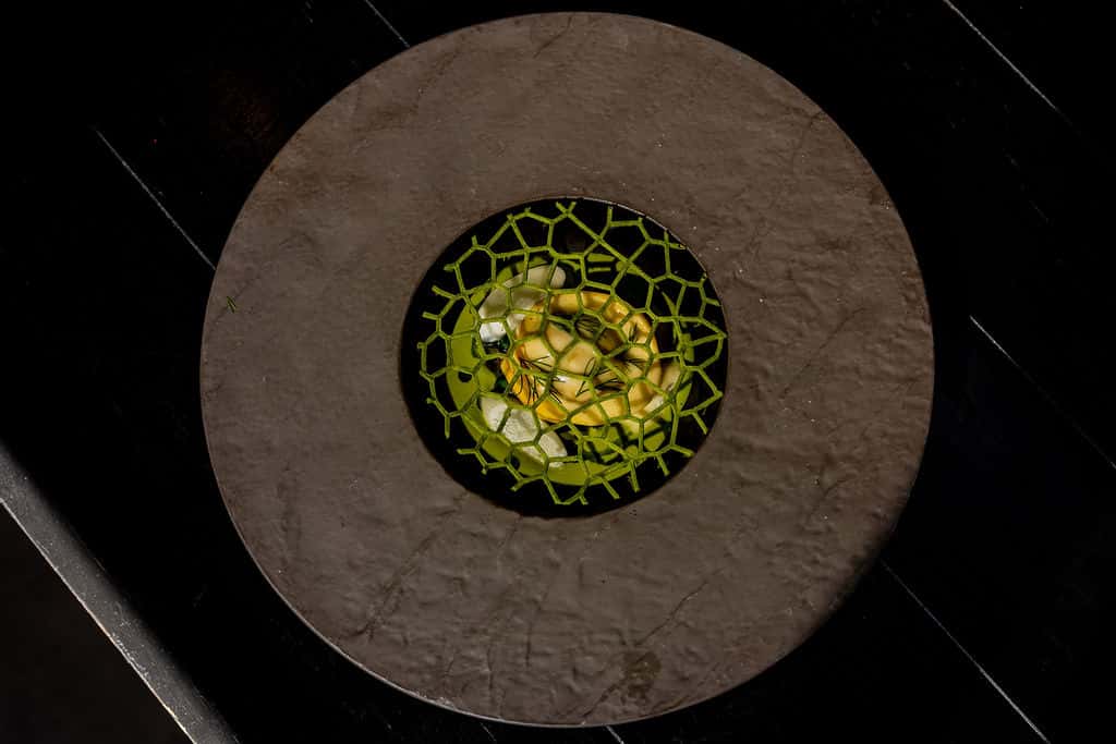 Creative plated course from a MICHELIN tasting menu featuring an artistic fine dining presentation.