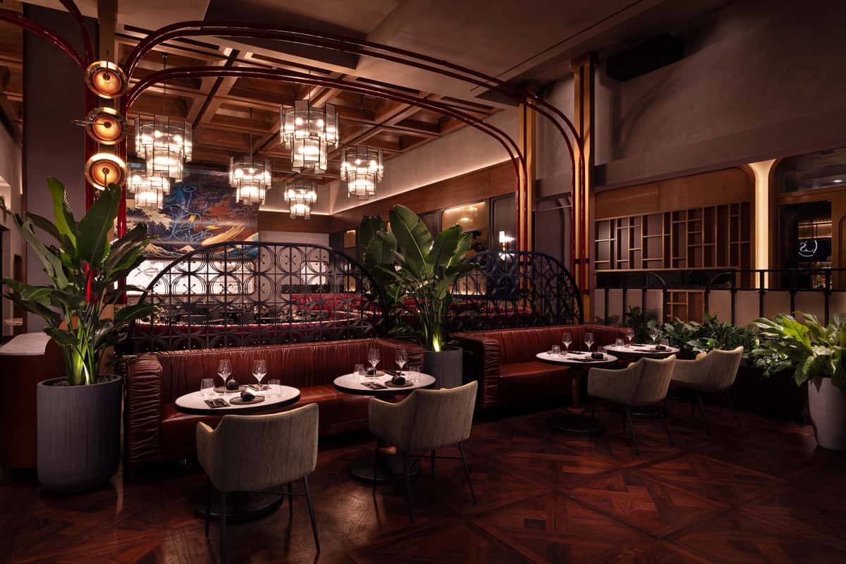 Luxury modern restaurant dining interior with elegant lighting, seating, and contemporary design