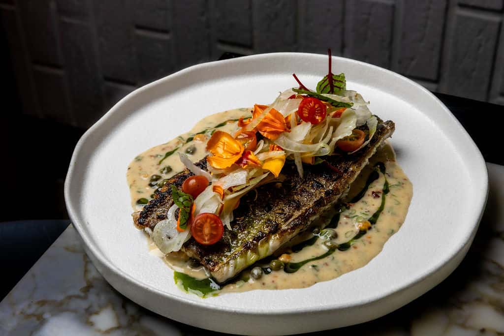 Artfully plated seafood dish with fresh vegetables, edible flowers, and sauce showcasing Miami's elevated culinary scene.