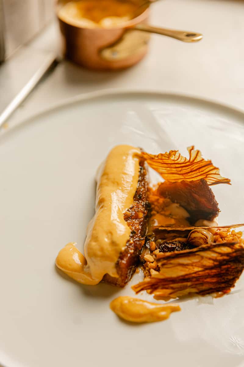 Gourmet tasting menu course with creamy sauce and crisp vegetable garnishes