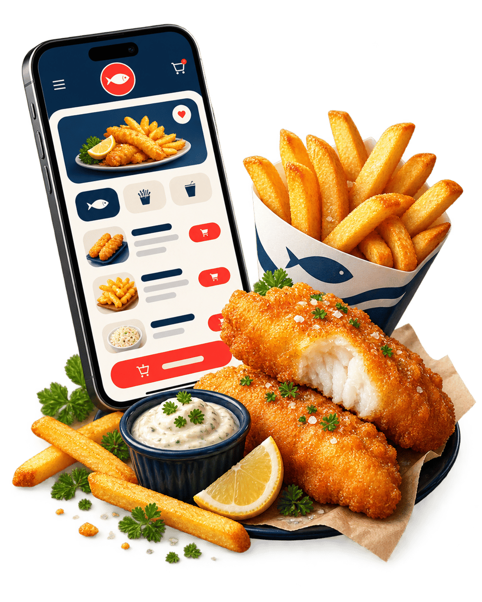 Crispy fried fish and golden French fries with tartar sauce and lemon beside a mobile seafood ordering app.