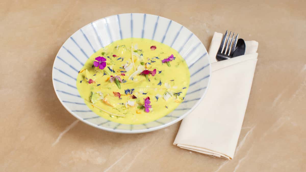 Garden vegetables, coconut milk, and curry leaves