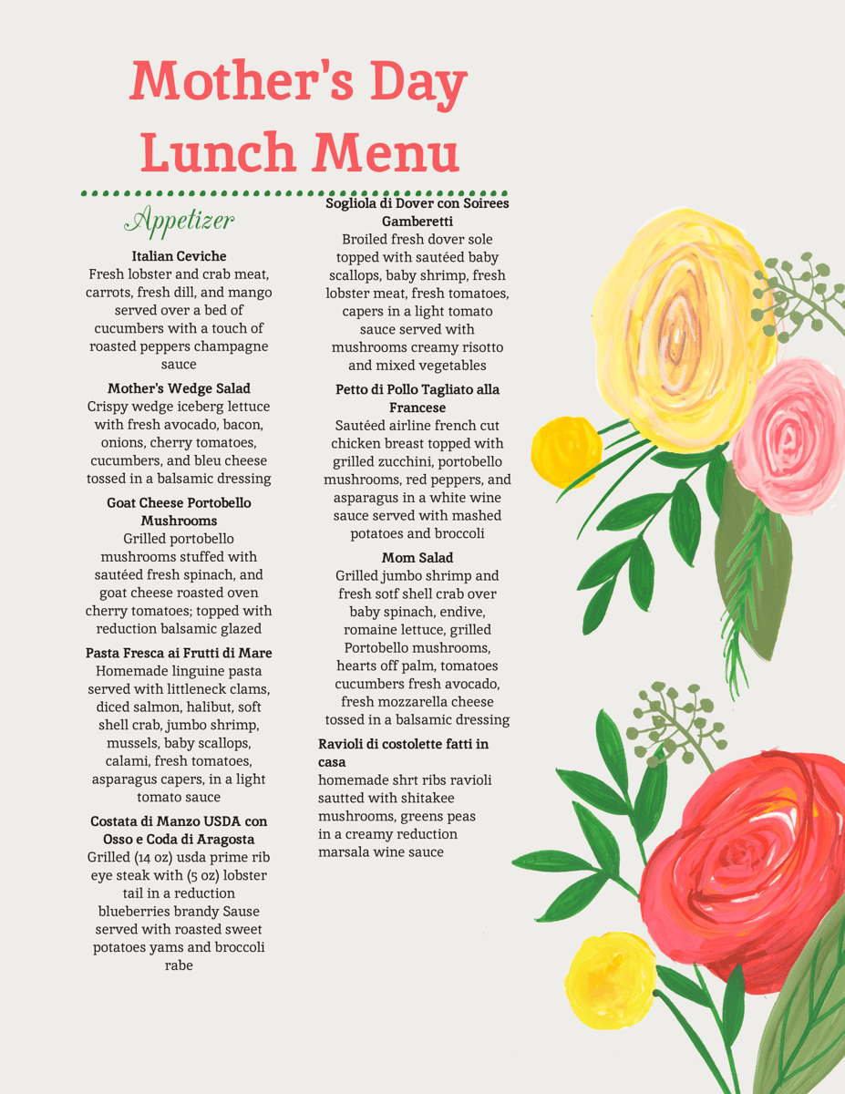 Mother's Day Lunch Menu
