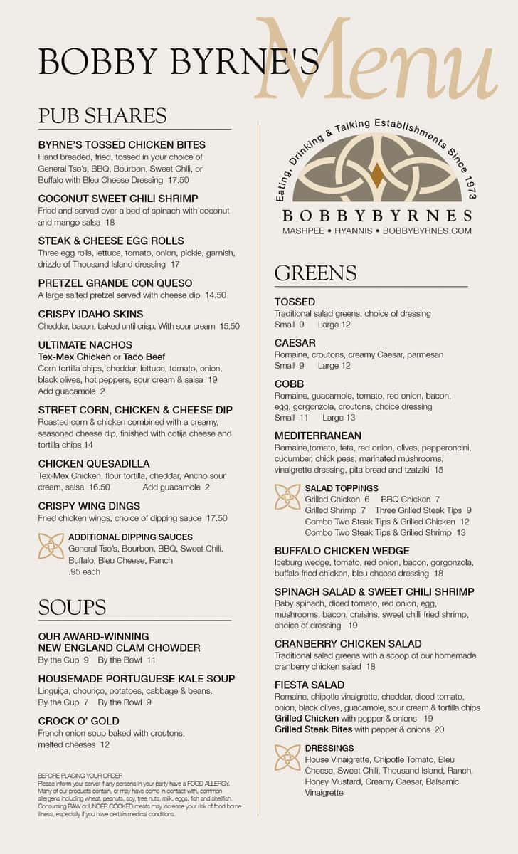 Bobby Byrne's Menu