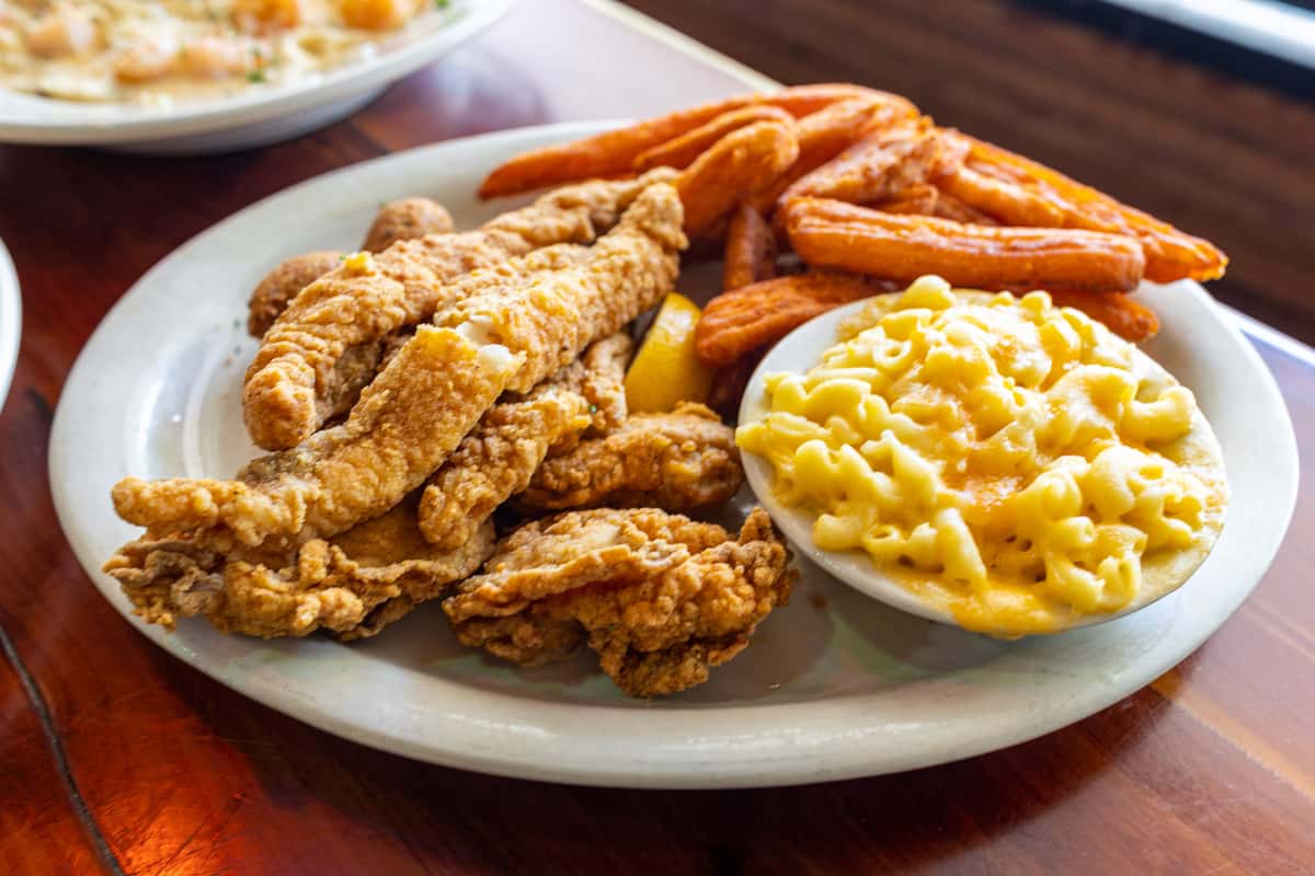 Fish, fries, mac and cheese