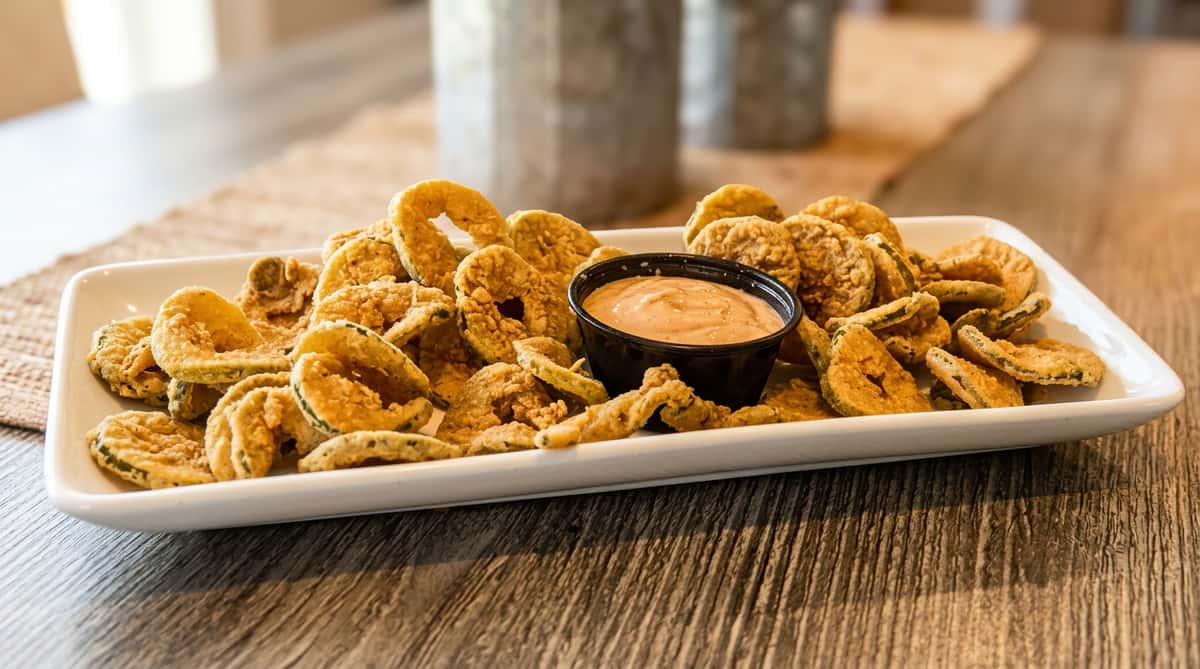 Fried dill pickles with a side of creamy pink dipping sauce, served on a white rectangular plate.