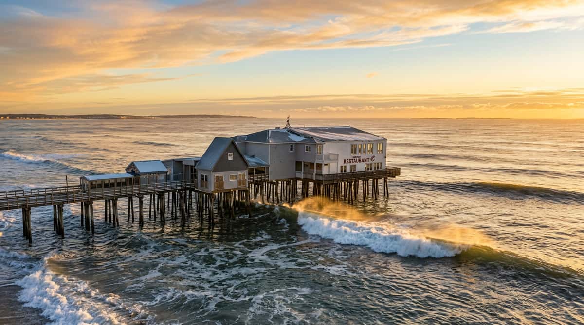 Restaurant on a pier extending into vast ocean with waves crashing against it under a sunrise sky.