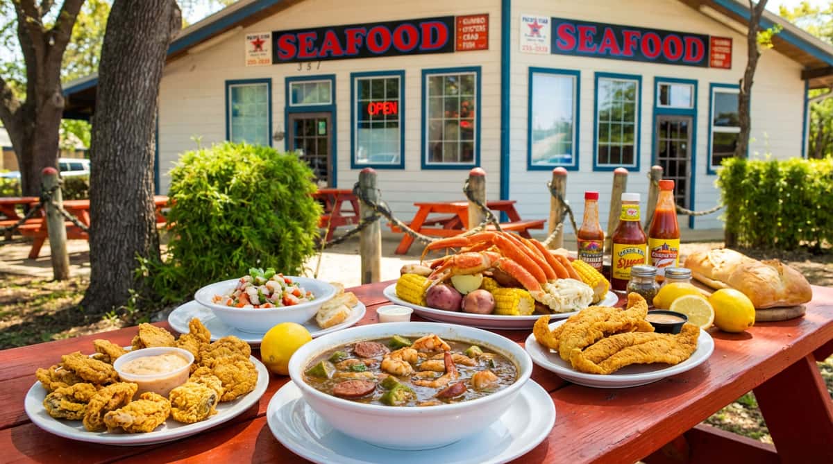 Exterior of Pacific Star Seafood Restaurant with red picnic tables, white walls, and blue trim.