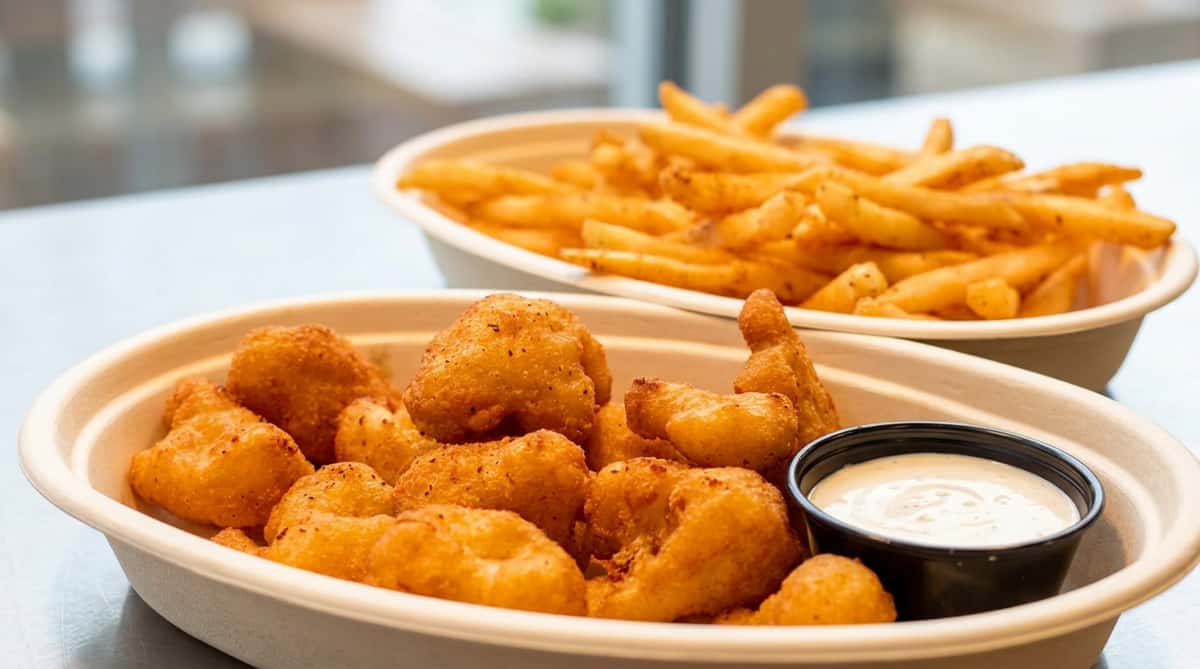 Fried cheese curds with a side of white dipping sauce, and a blurred bowl of seasoned french fries in the background.