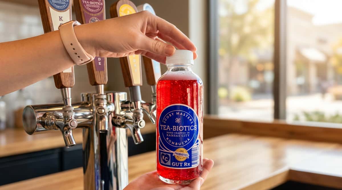 Hand holding a bottled red kombucha drink labeled "Tea-biotics" near kombucha taps with a window in the background.