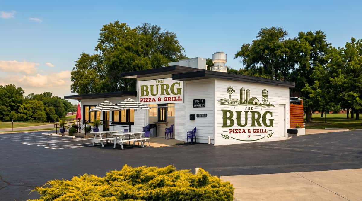 White storefront for "THE BURG PIZZA & GRILL" with outdoor picnic tables, striped umbrellas, and purple chairs under a blue sky.