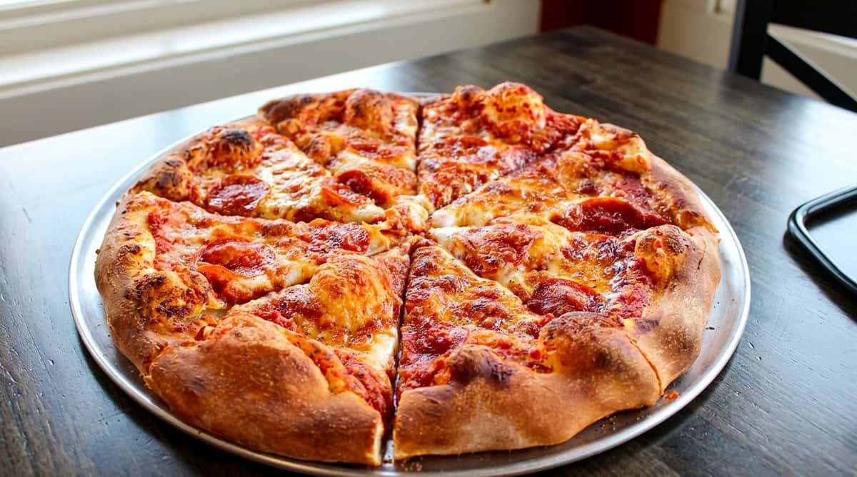 Hand lifting a slice of pepperoni pizza from a round pie on a metal pan, with melted cheese stretching