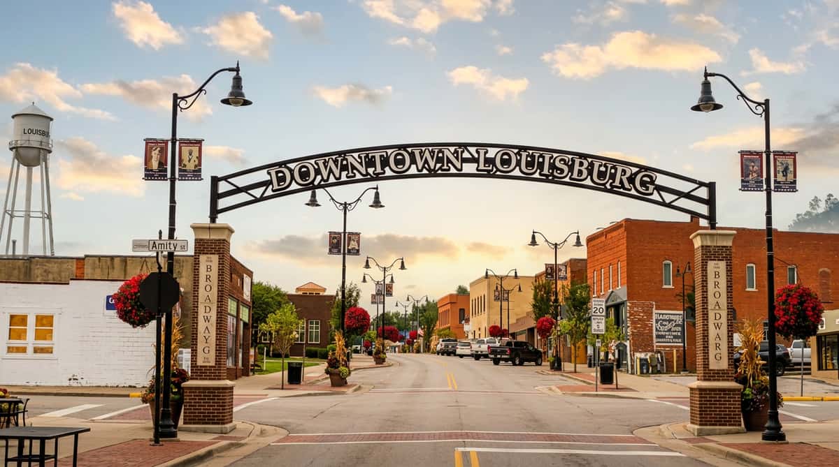 Downtown Louisburg archway over a street lined with brick buildings, streetlights, and military veteran banners, with a water tower in the distance.