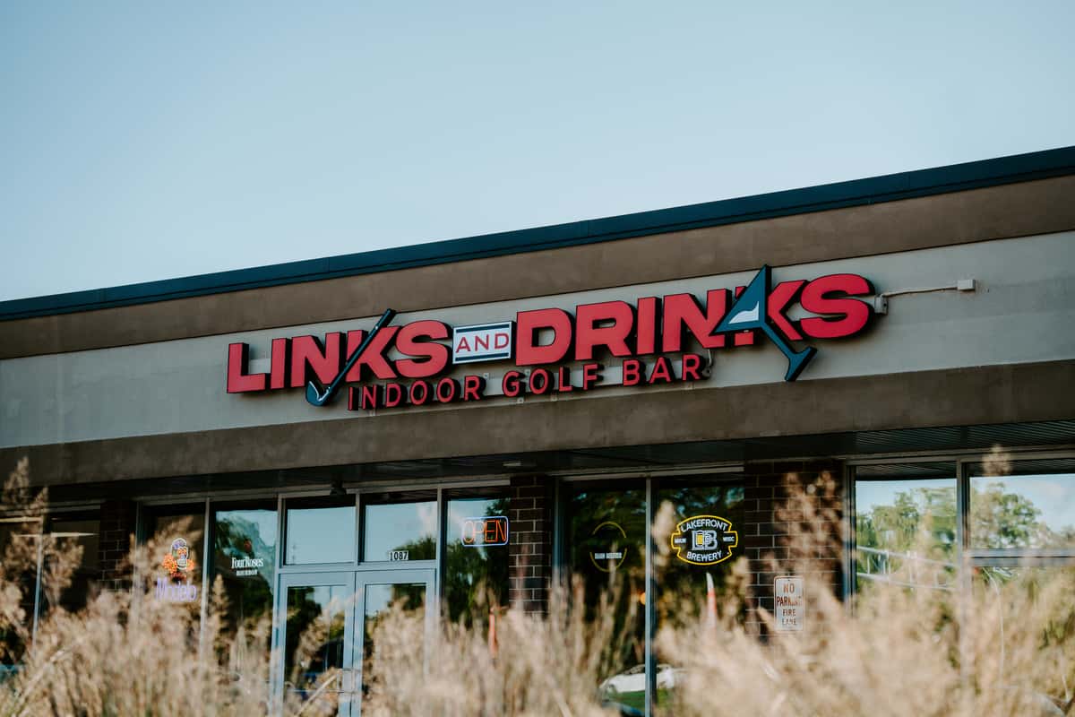 Exterior signage of the indoor golf restaurant