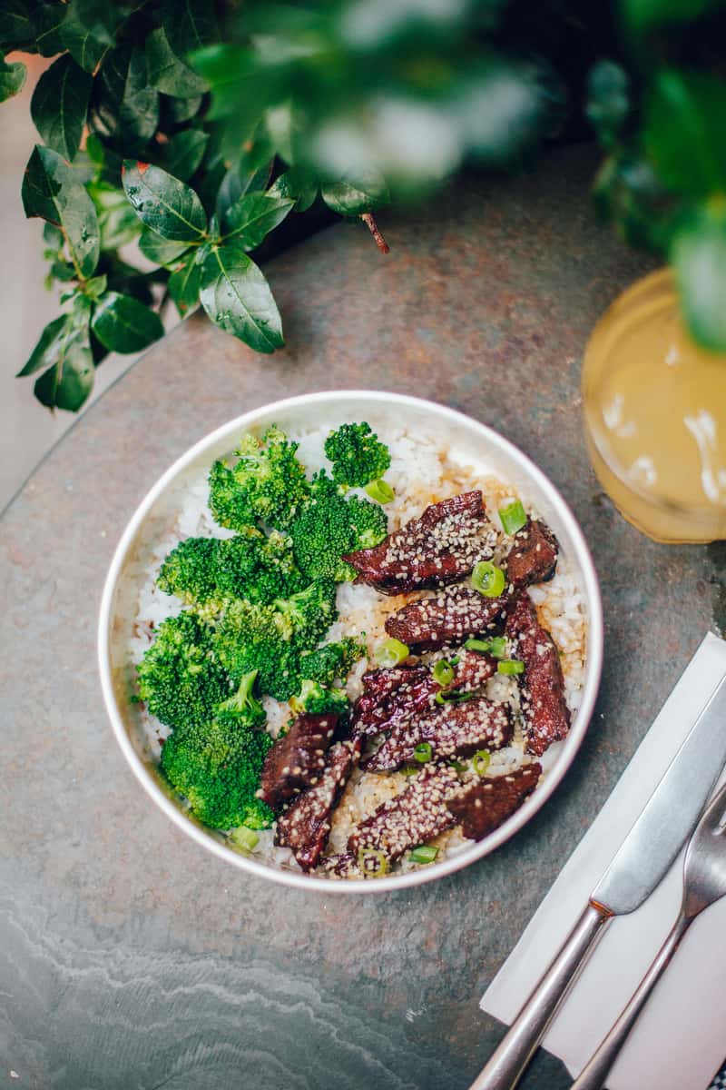 Beef Tips and Bowl with Broccoli