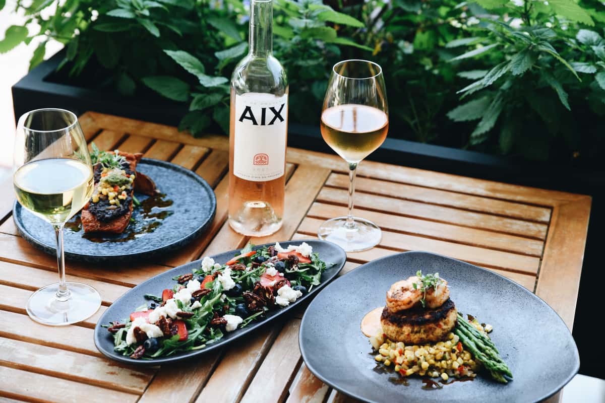Entrees and wine