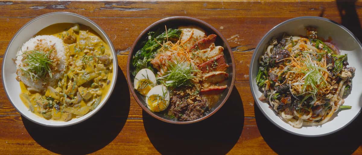 Coconut curry deluxe, Trinity Ramen, Mushroom Drunkin Udon