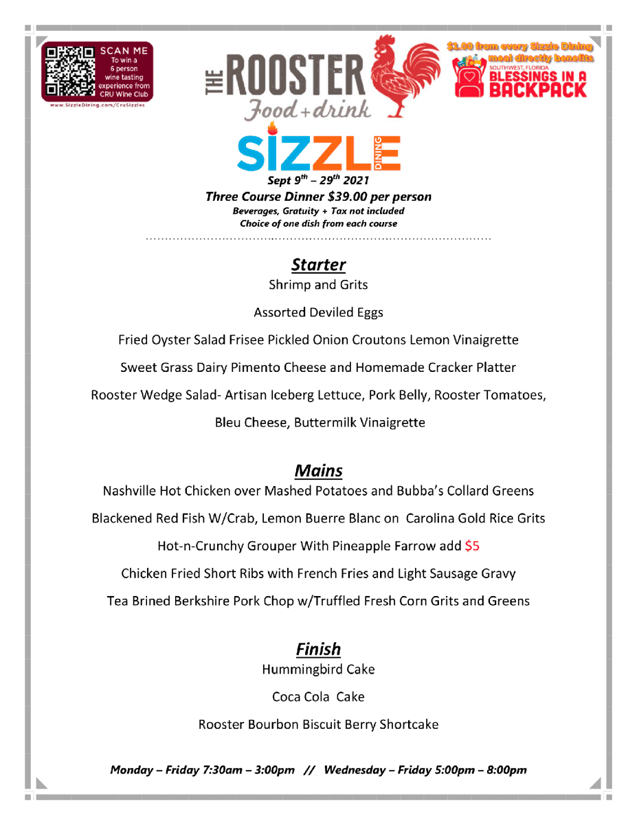 The Rooster Food + Drink Sizzle Dining Menu - DINNER 