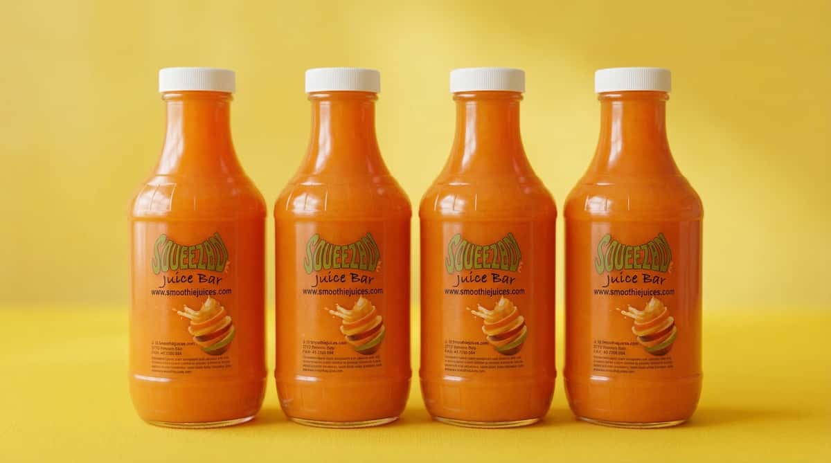 Row of cold-pressed orange juice bottles from a juice bar, neatly aligned on a bold yellow background for a clean, modern presentation