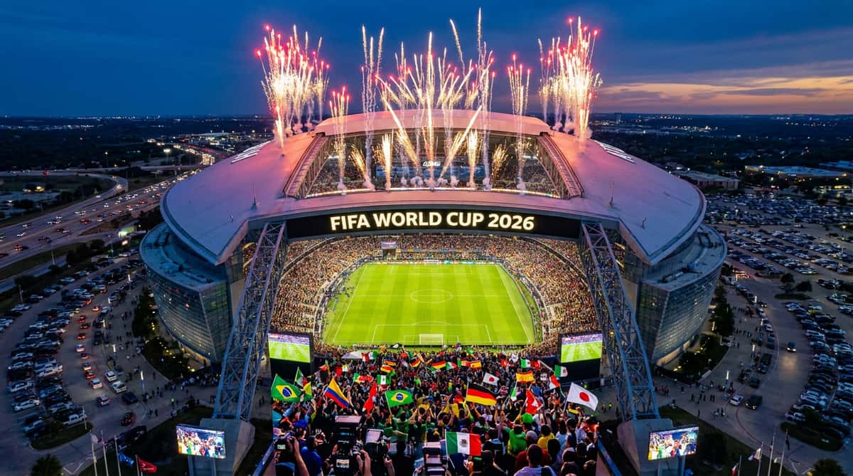 FIFA World Cup 2026 at AT&T Stadium in Arlington Dallas, aerial view with fireworks and international fans
