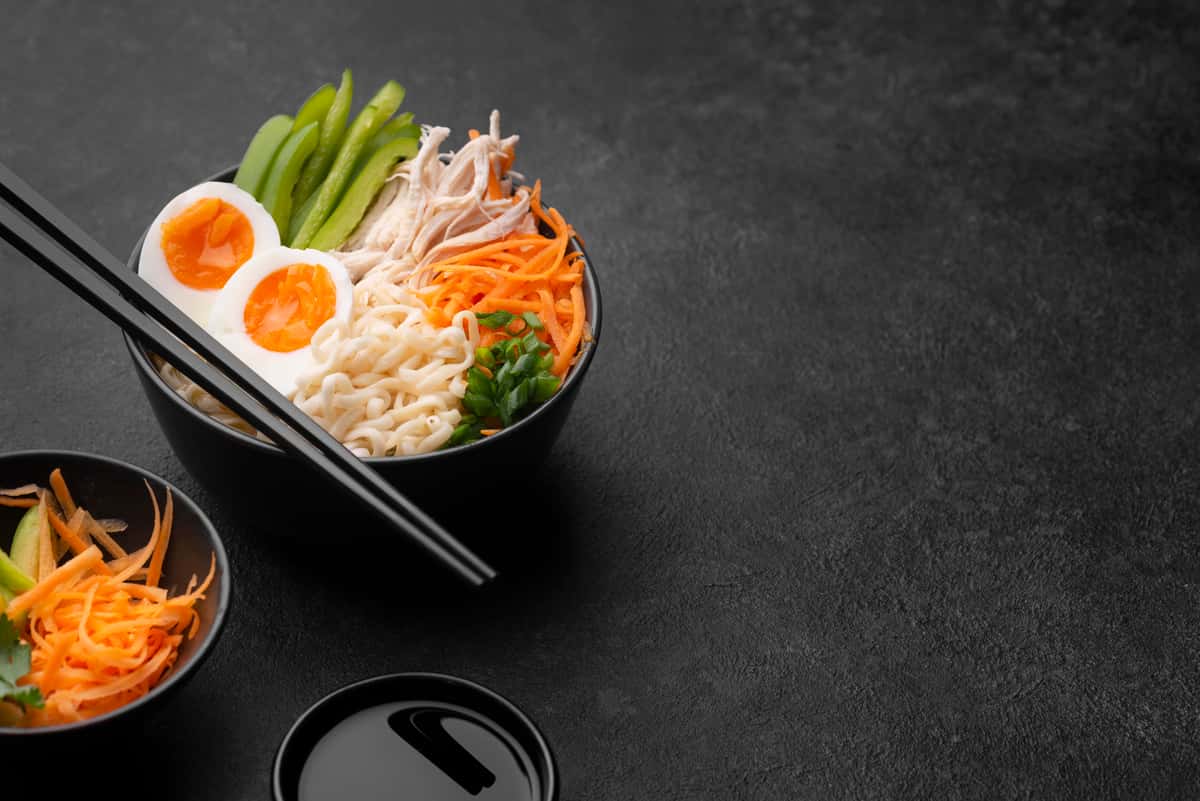 high angle asian noodles with eggs