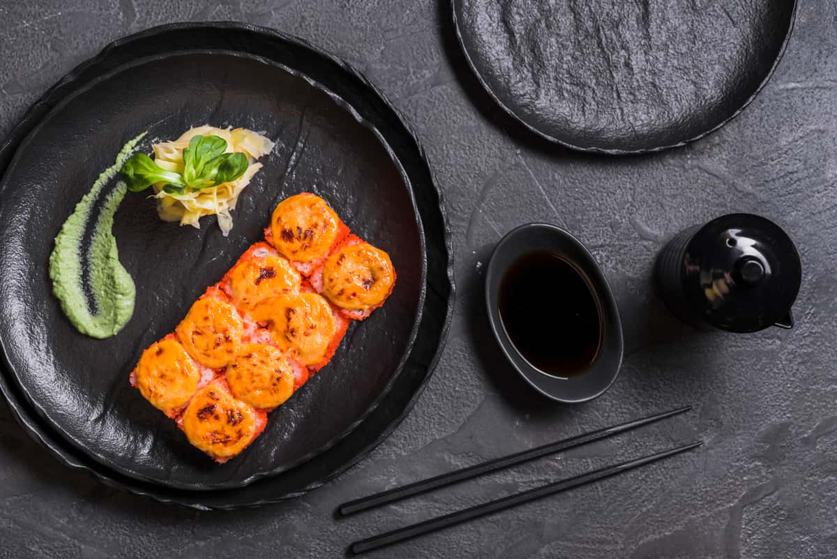 asian dish with wasabi soy sauce