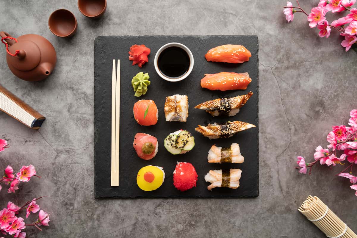flat lay sushi meal arrangement