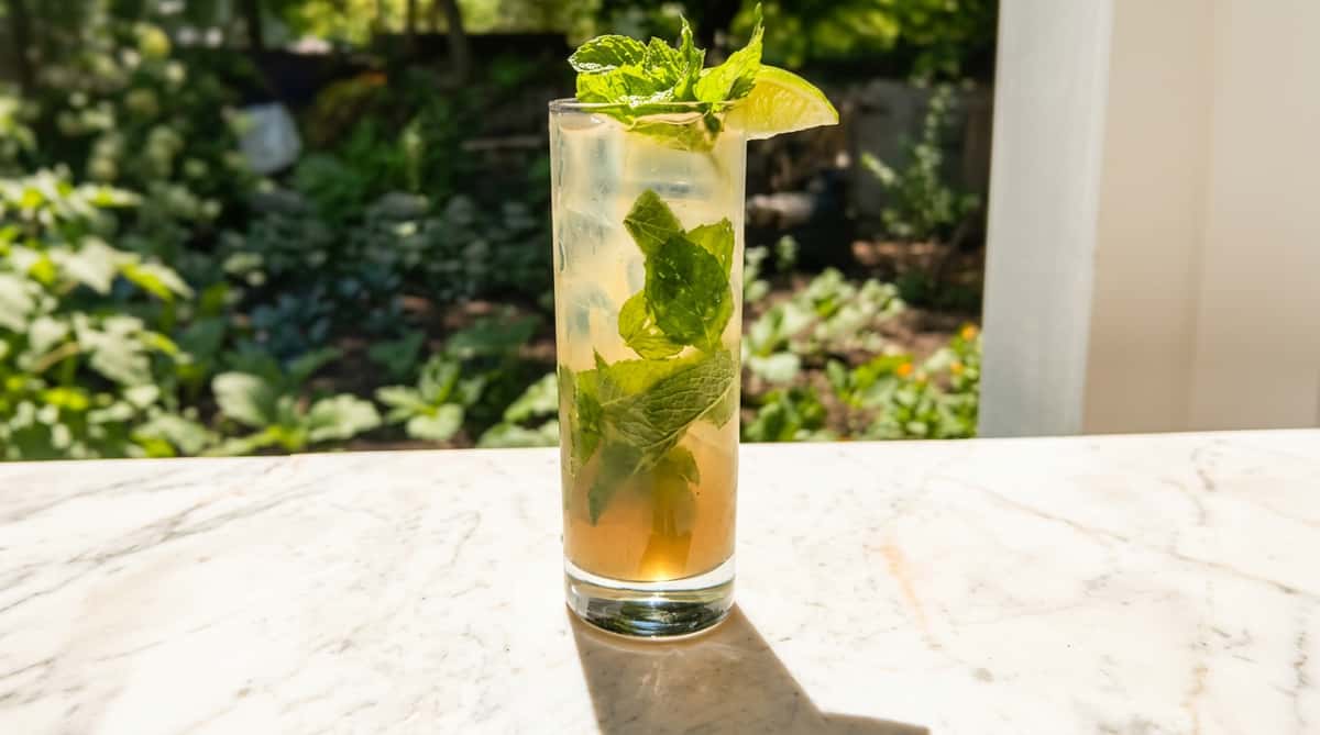 Tall glass with a light brown beverage, ice, fresh mint leaves, and a lime wedge garnish.