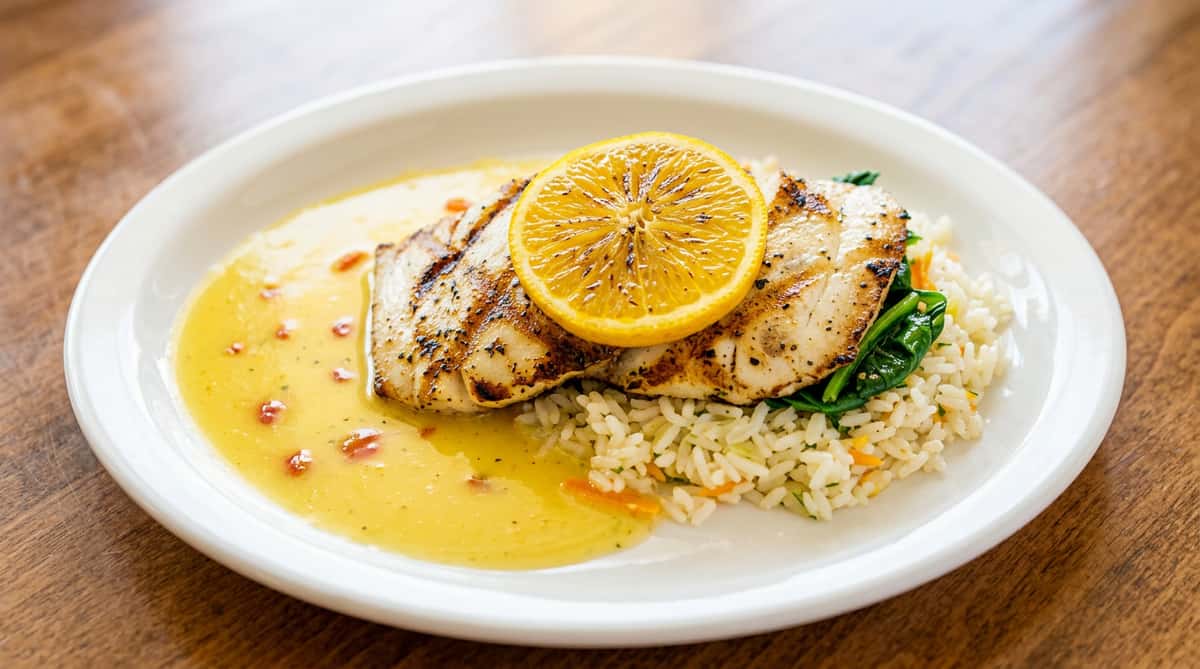 Grilled fish fillet with a slice of orange, served over rice with greens and a yellow sauce.
