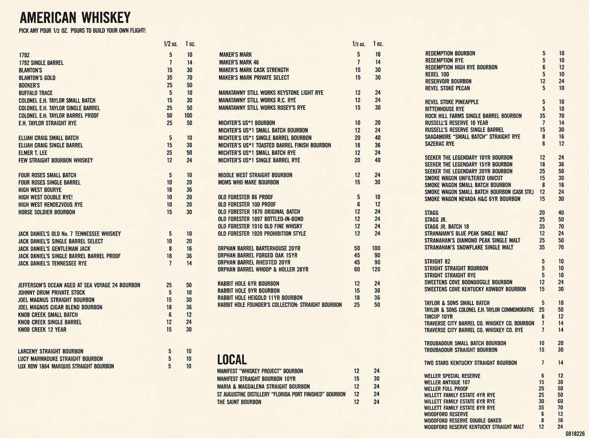 American whiskey menu featuring bourbon, rye, and single malt selections with half-ounce and one-ounce pricing.