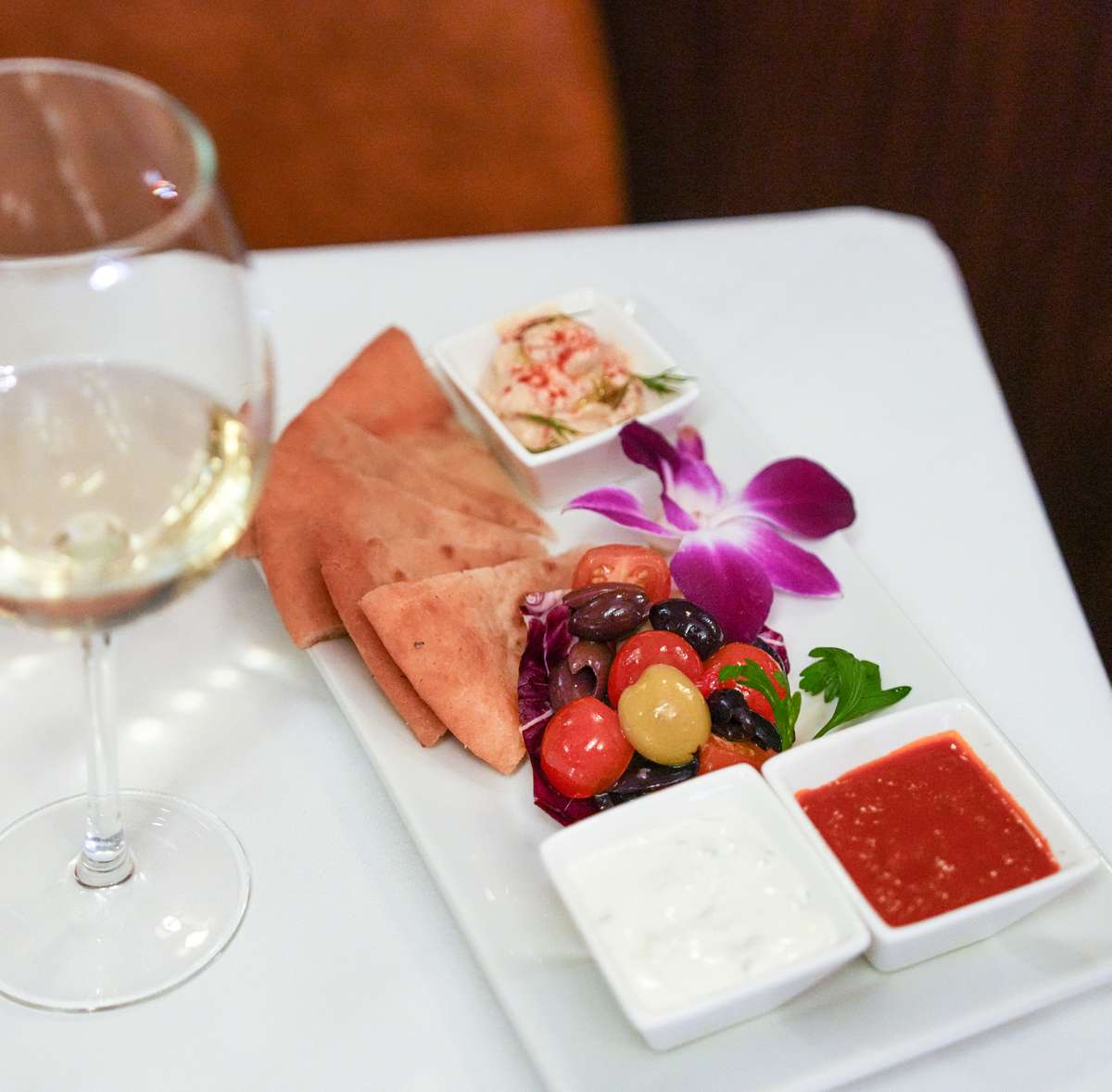 Mediterranean Mezze, table, wine, Happy Hour