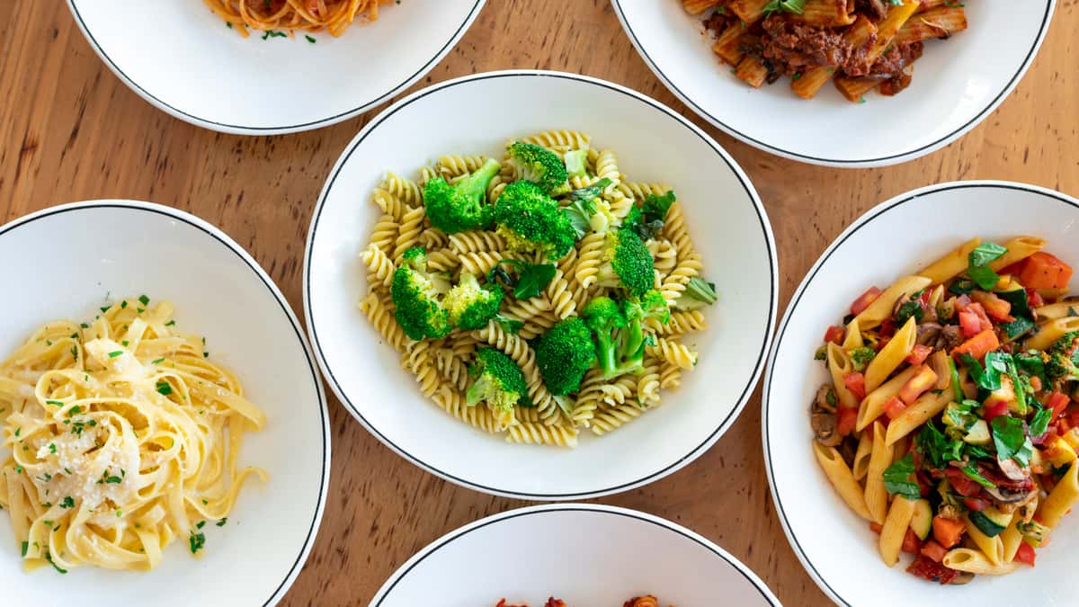 Top down picture of bowls of pasta