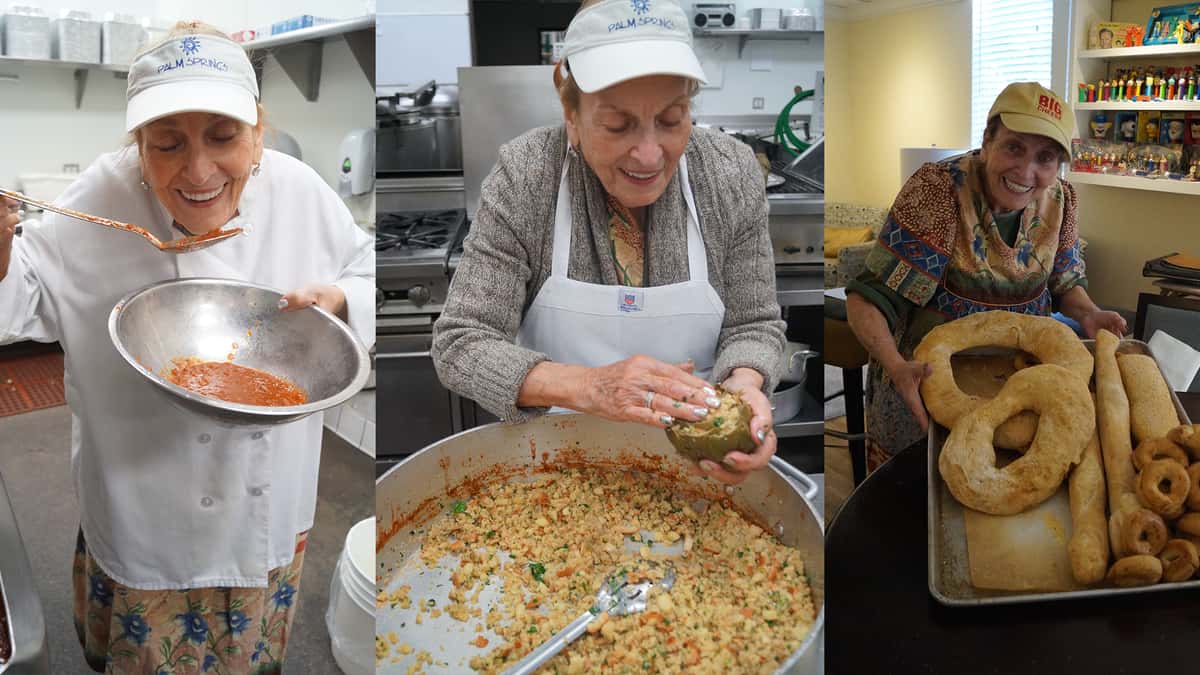 Left: Maria tasting sauce. Middle: Maria stuffing artichokes. Right: Maria with a tray of fresh baked bread.