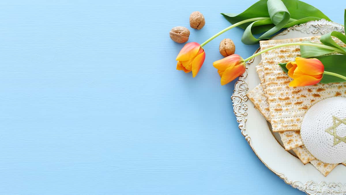 Passover plate with Matzo and a yamaka. Orange tulips & chestnuts to the side, on a light blue background.