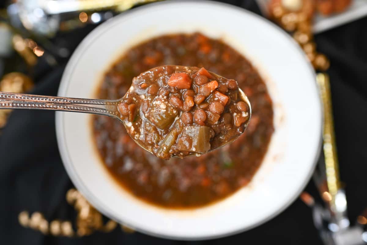Picture of lentil soup in a bowl.