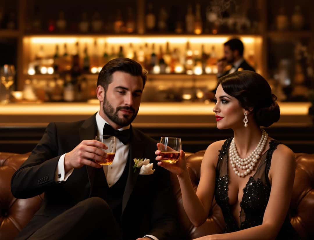 COUPLE DRINKING WHISKEY RED PHONE BOOTH DRESS CODE