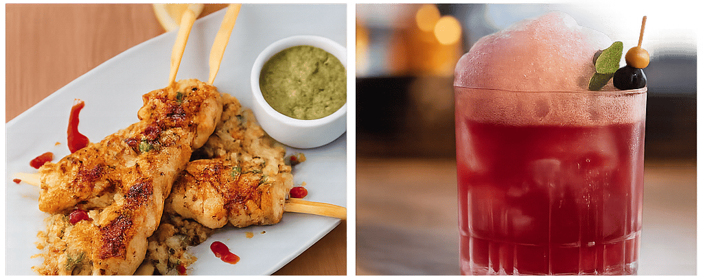 Pomegranate Glazed Grilled Chicken Skewers and drink named Just Friends in a glass