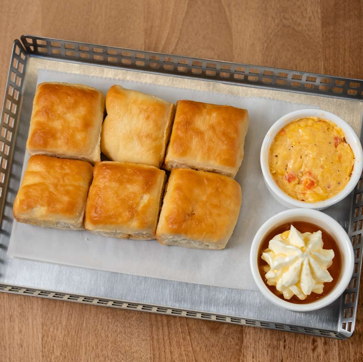 Biscuits with two dips on a tray