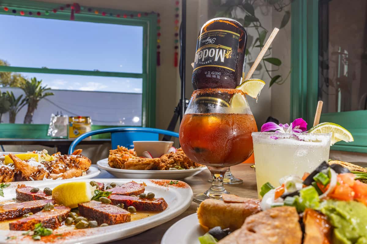 Food and drinks spread out on the table