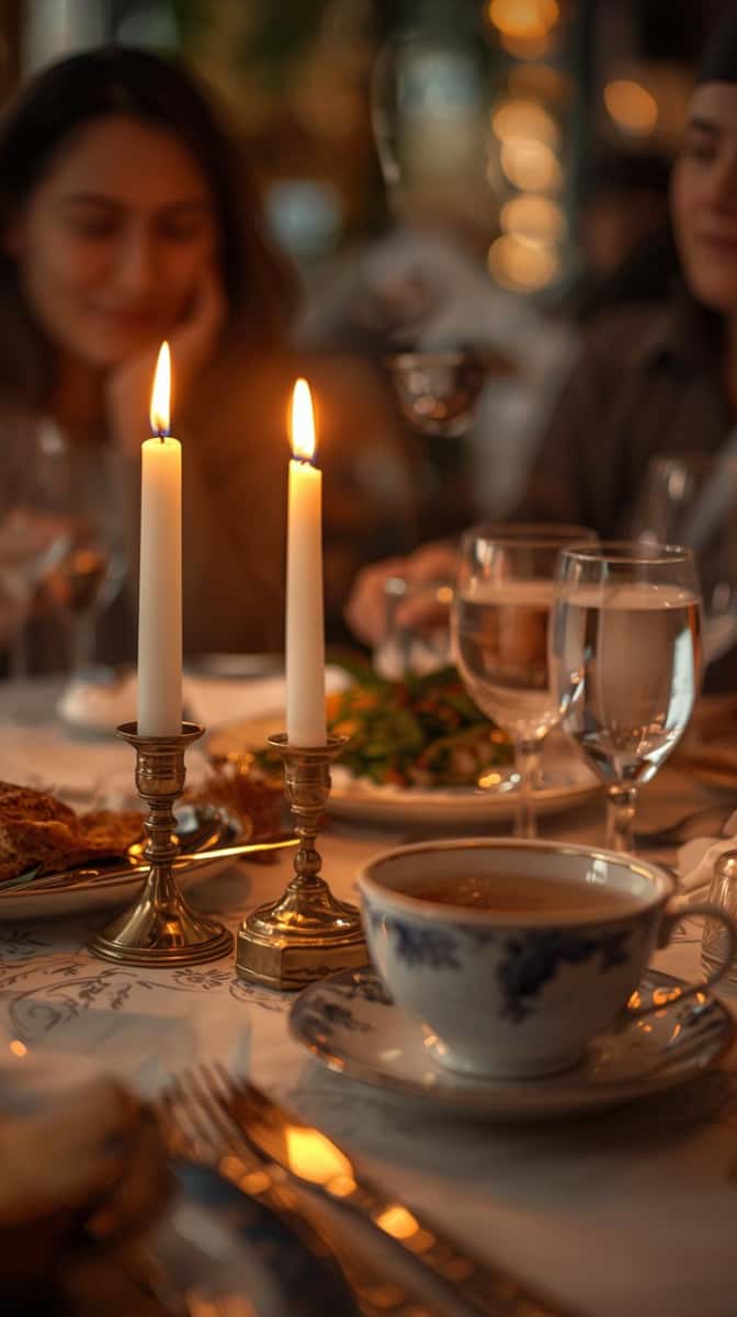 Cozy restaurant atmosphere — a beautifully set table with candles, steaming tea, and guests' warm smiles