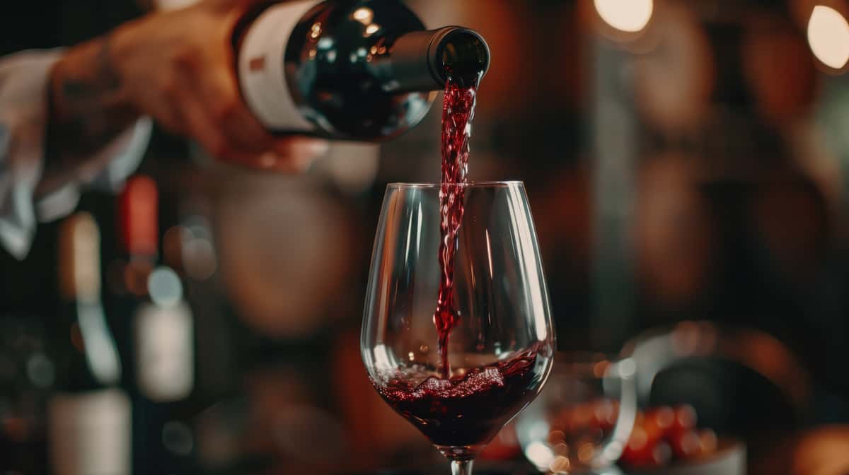 A close-up action shot of red wine being poured from a bottle into a large wine glass.