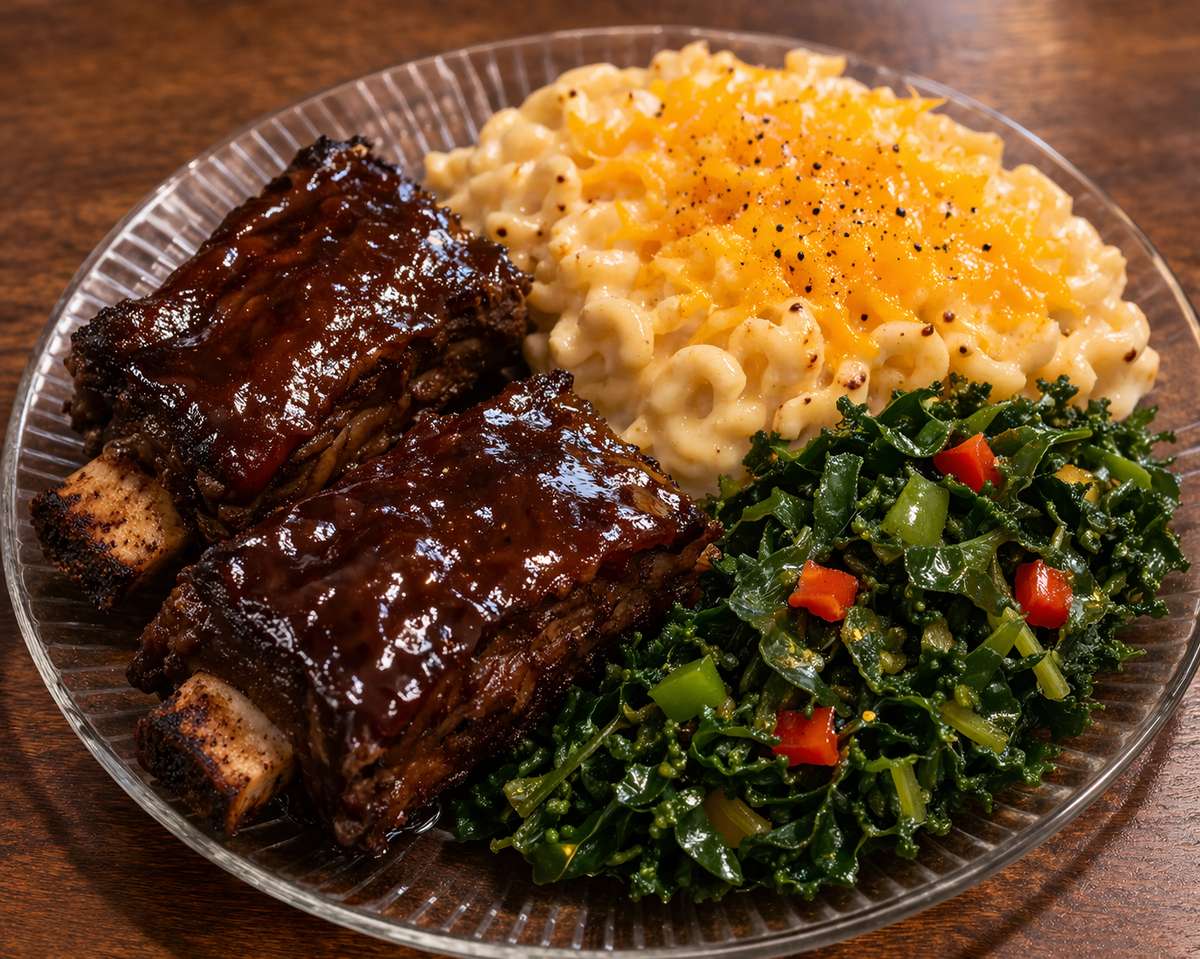 Halal Beef Short Ribs with Mac and Mixed Greens