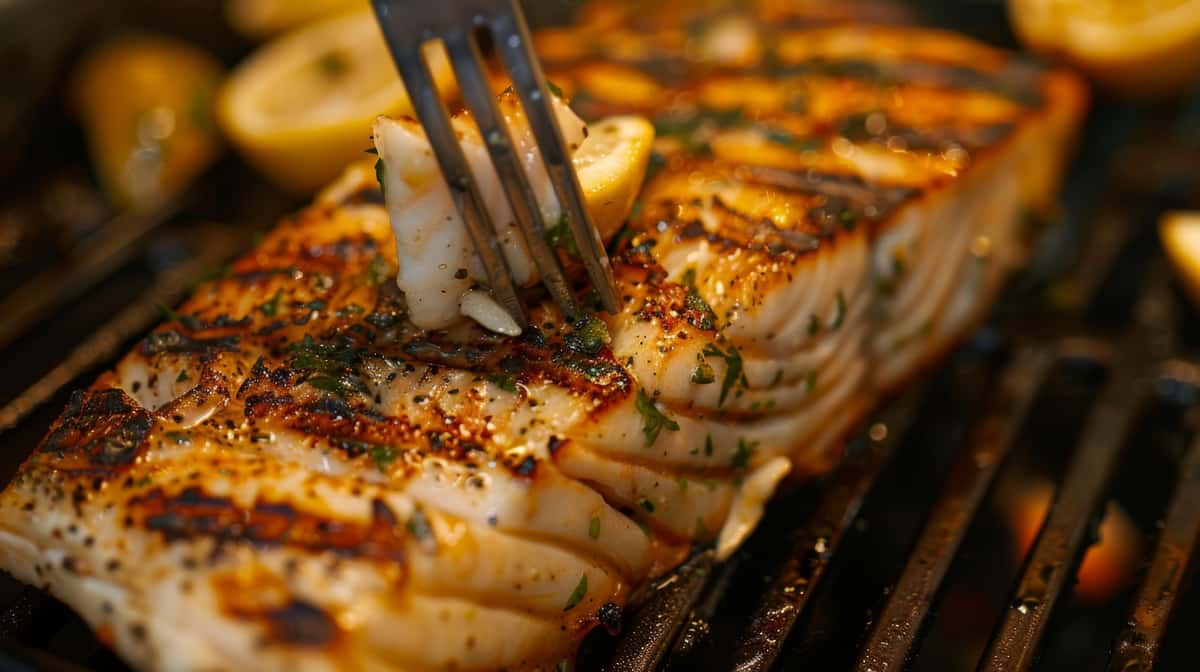 A grilled fish fillet (likely salmon or white fish) with visible grill marks, being pierced by a fork, served with lemon wedges.