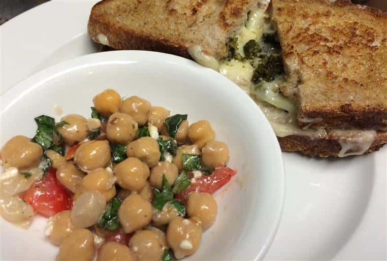 Grilled cheese sandwich. Roth Kase bleu cheese, gouda & cru. with dish of garbanzo beans.